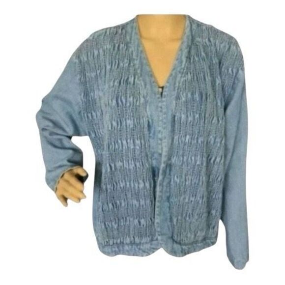 Vintage Saint German Paris Blue Denim Collarless Jacket Large Ruched Front Women - Picture 2 of 9